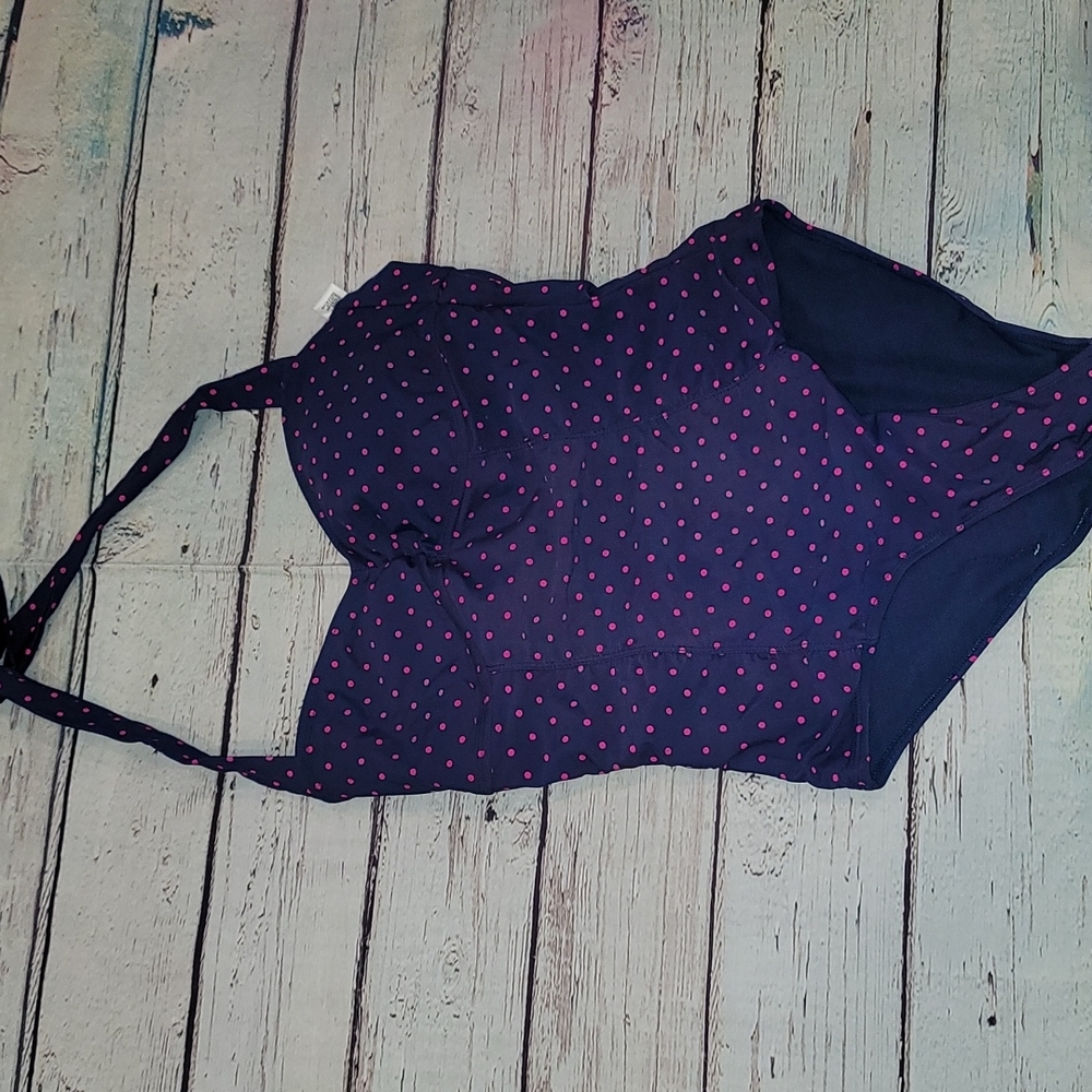 Blue and pink polkadot swimsuit w tie around neck